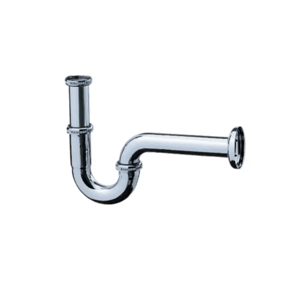 Siphon aus verchromtem Metall mit U-Form und zwei Anschlussstellen, typisch für Hansgrohe Produkte zur Abwasserableitung in Badezimmern oder Küchen.